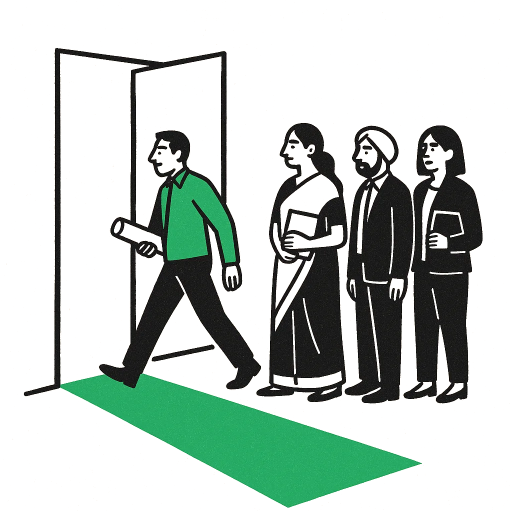 A door ajar spilling green light; a founder steps in carrying a blueprint while a short queue waits