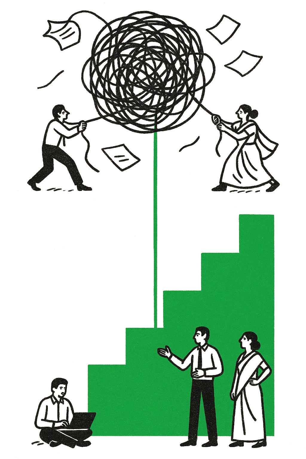 Scattered marks gathering into one green line that flows down through calm, ordered work