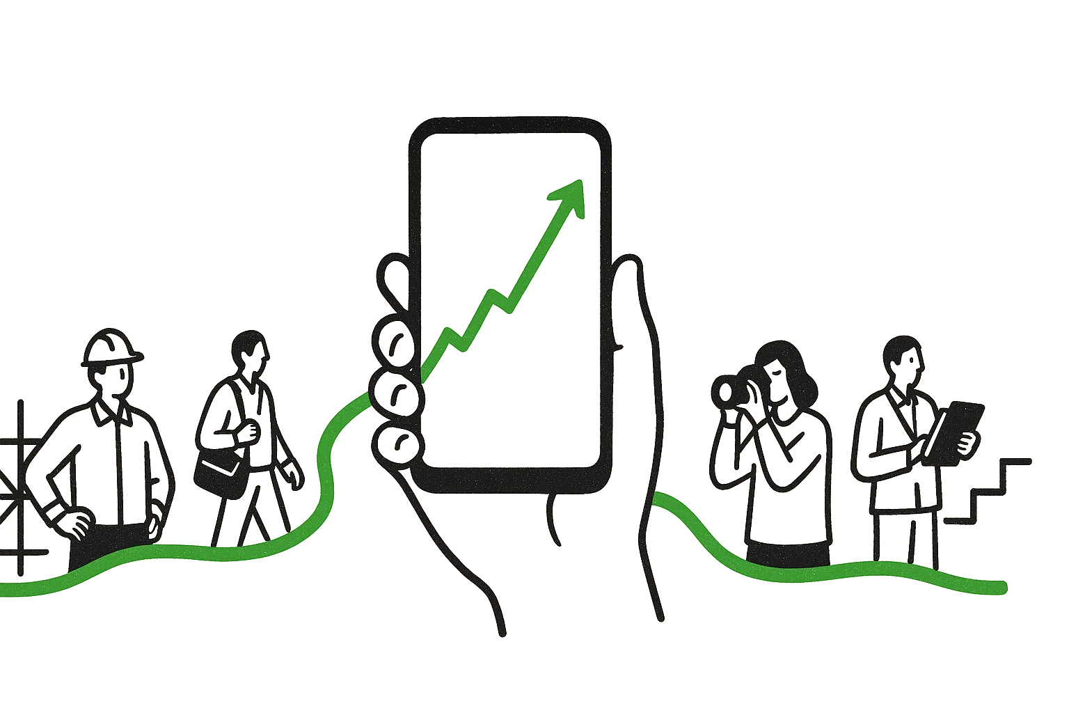 A hand holding a phone with a rising green process line; the line threads through field workers on either side, gathering their work into the phone