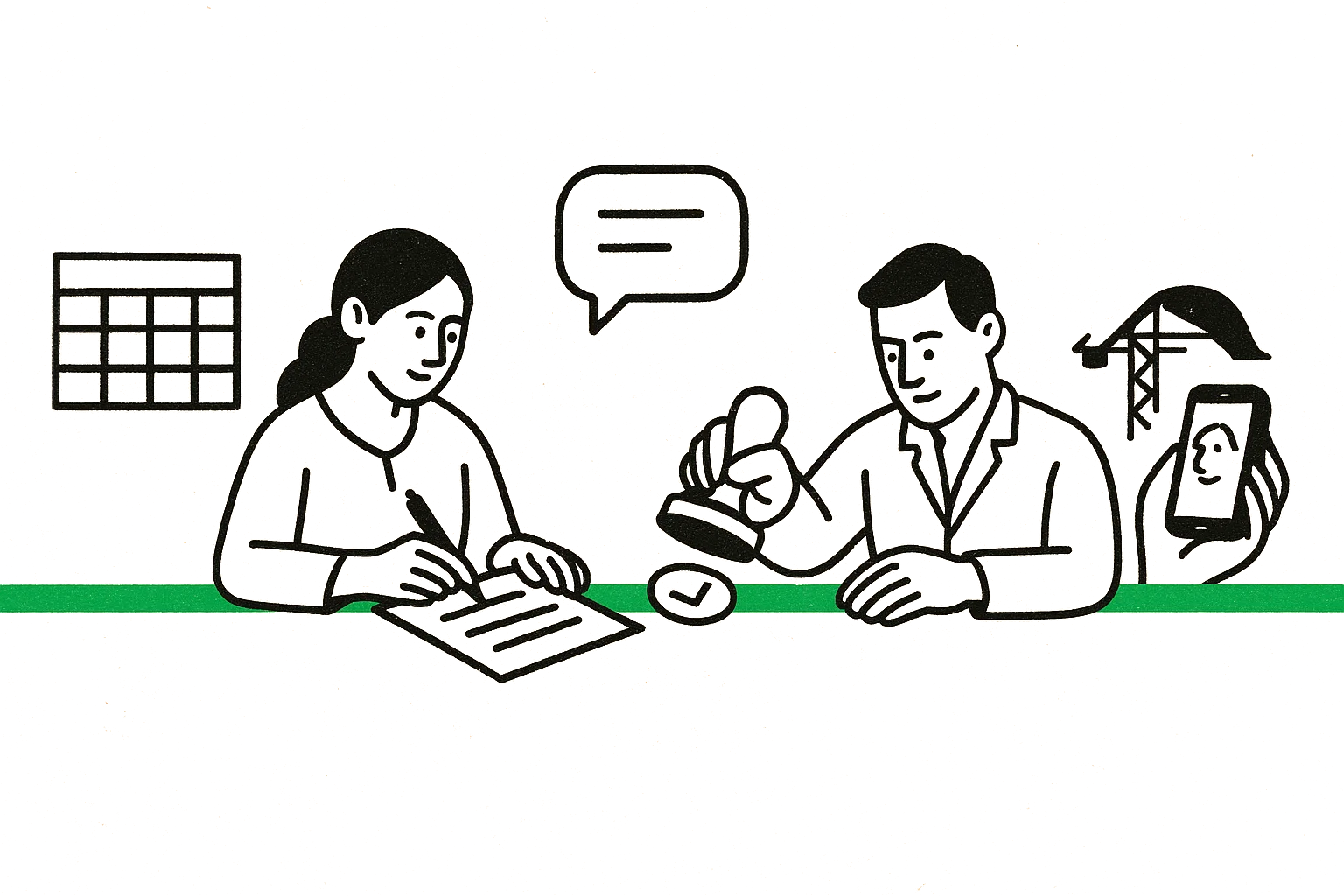 One green line connecting a table, a document, chat, an approval stamp and a phone in the field